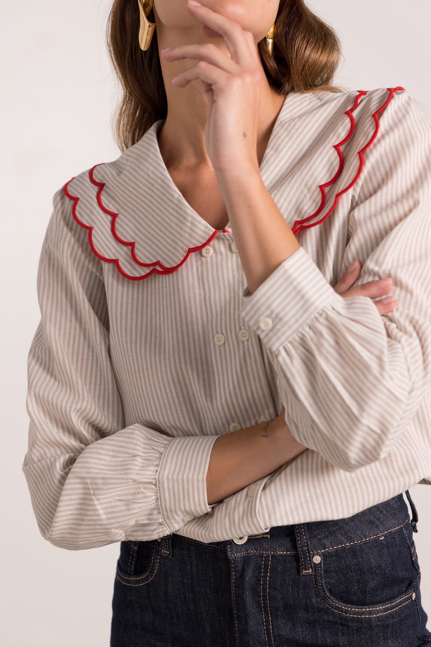 Mairead red scalloped Peter Pan blouse