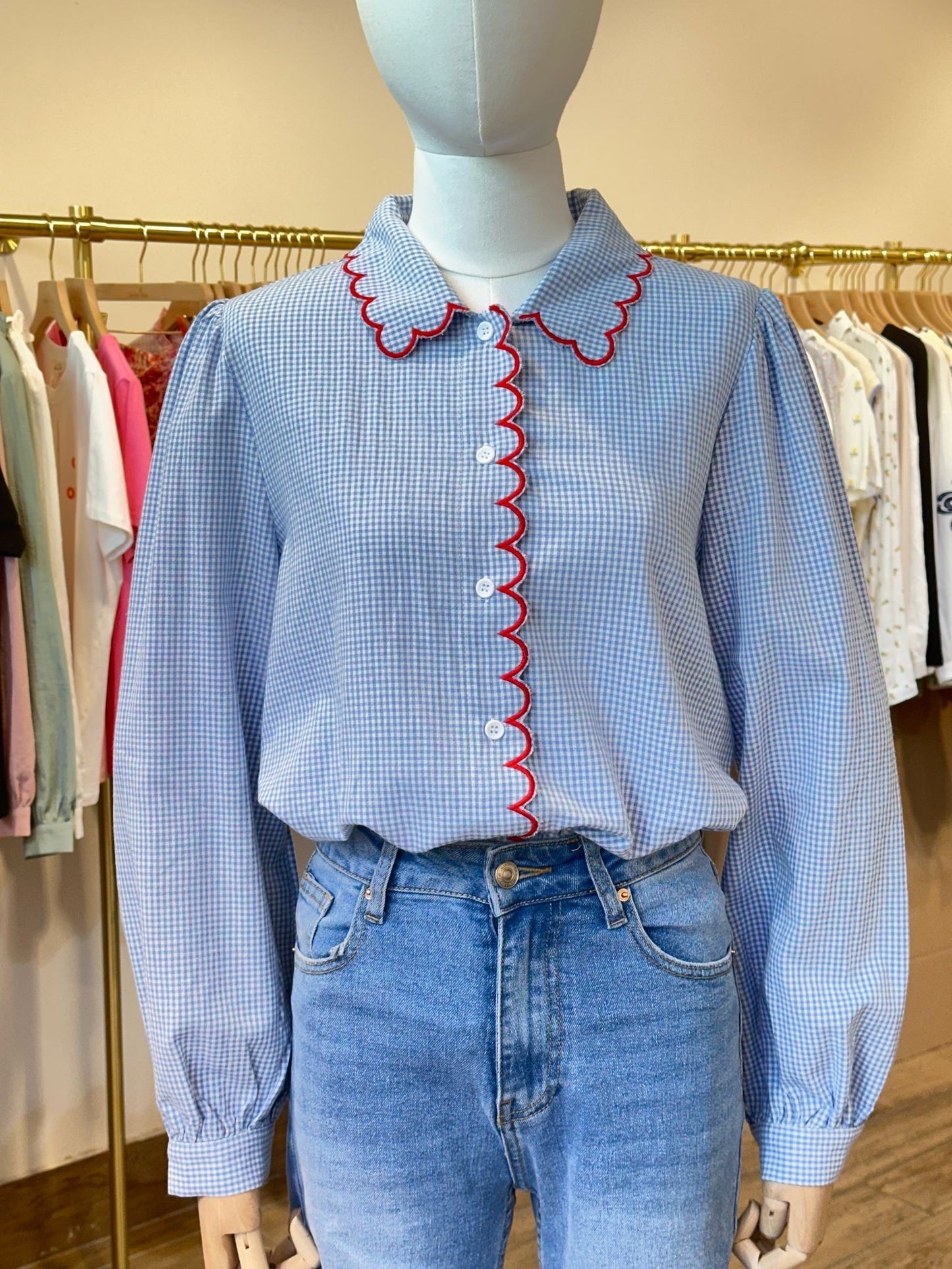 Sadie gingham blouse red scalloped trim