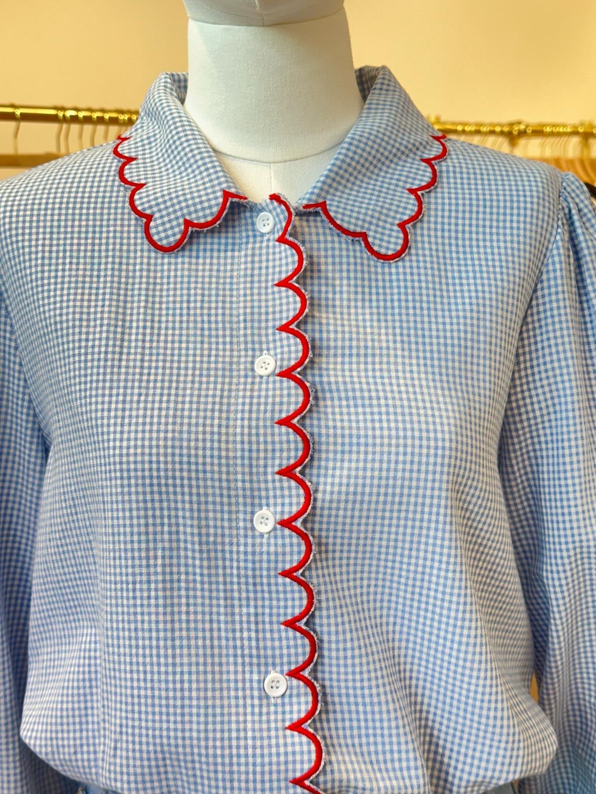 Sadie gingham blouse red scalloped trim