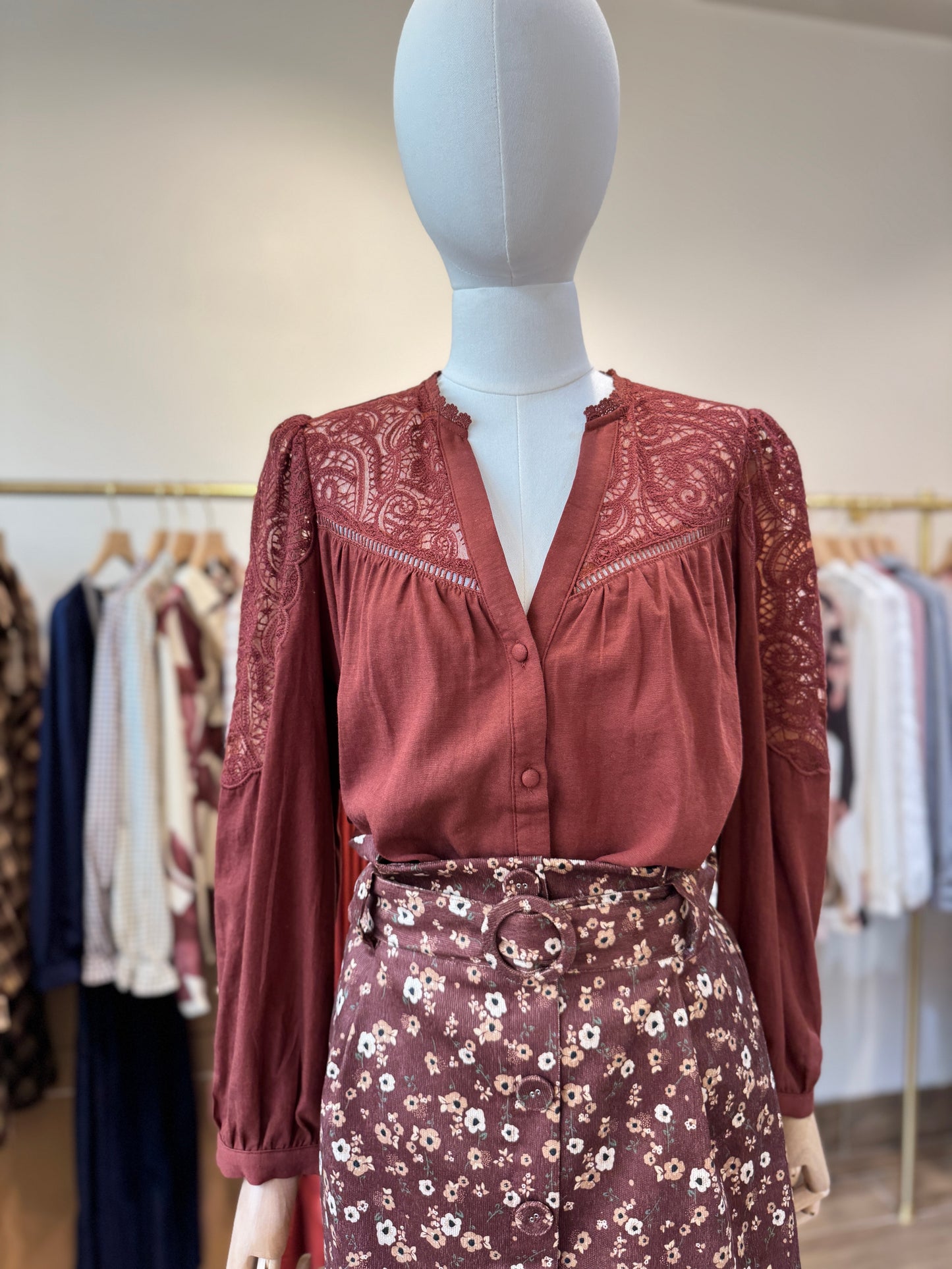 Scarlett rust lace embroidered blouse