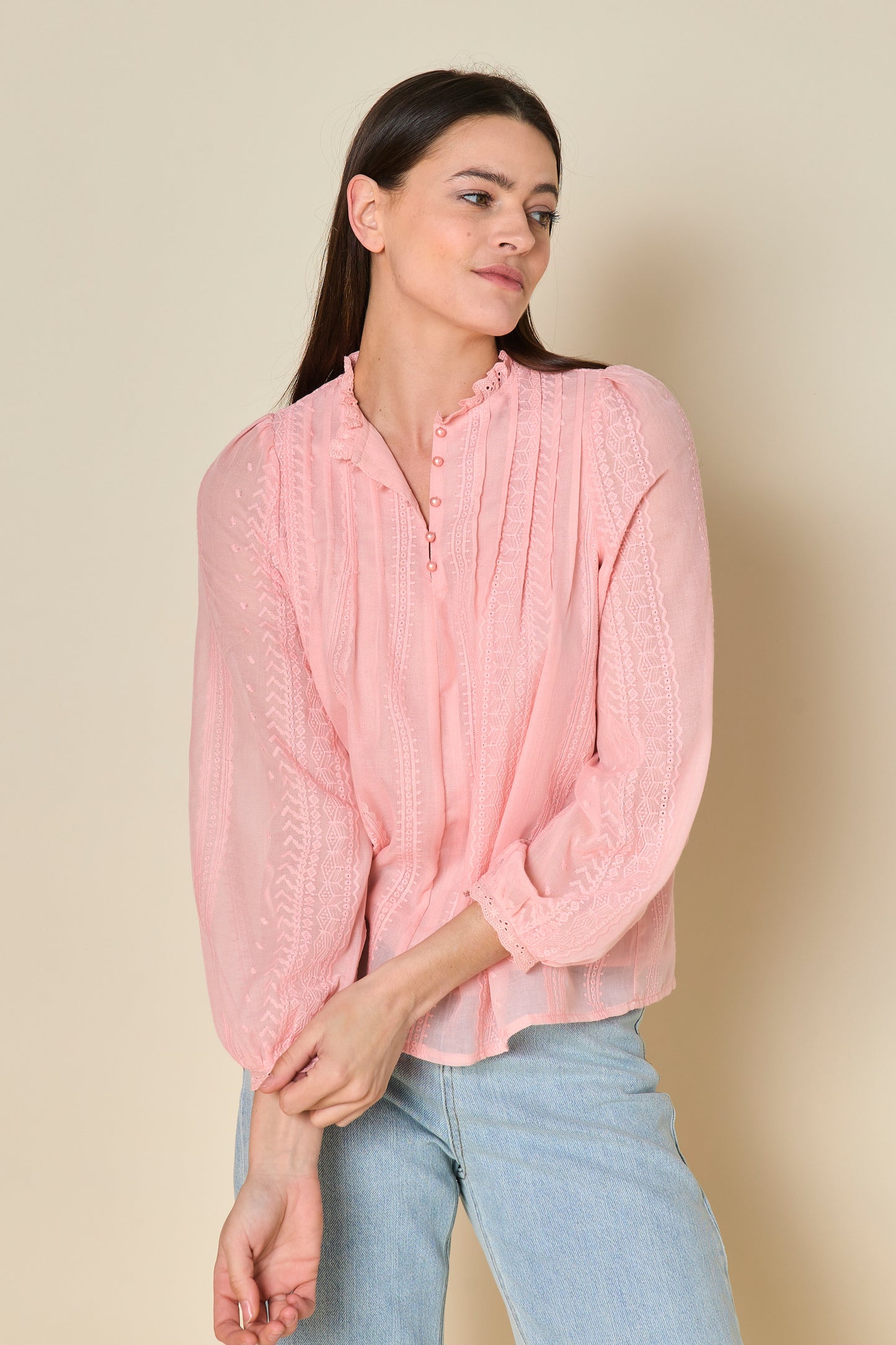 Frances powder pink pearl neck blouse