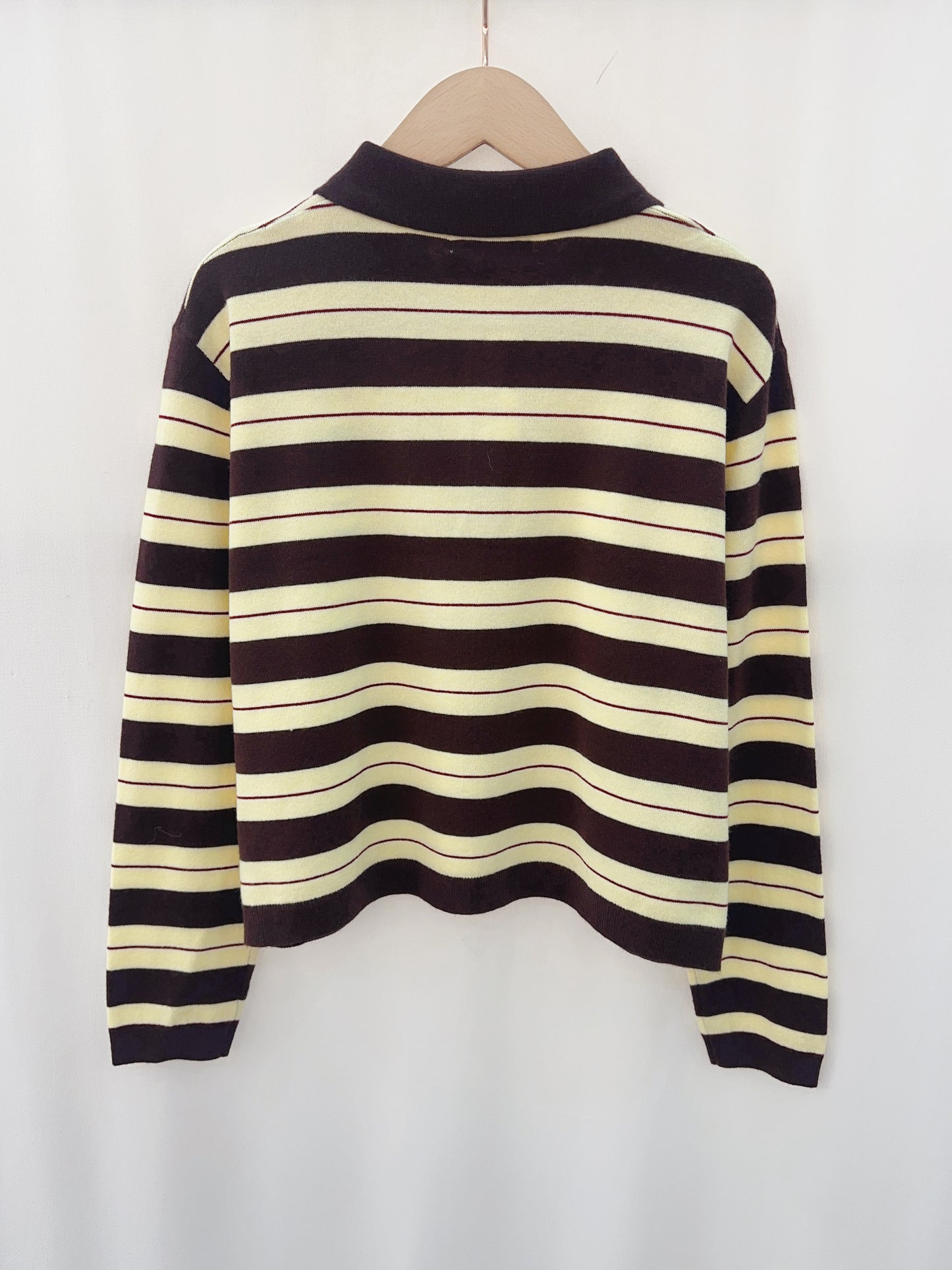 Beth chocolate brown & yellow striped knit polo top