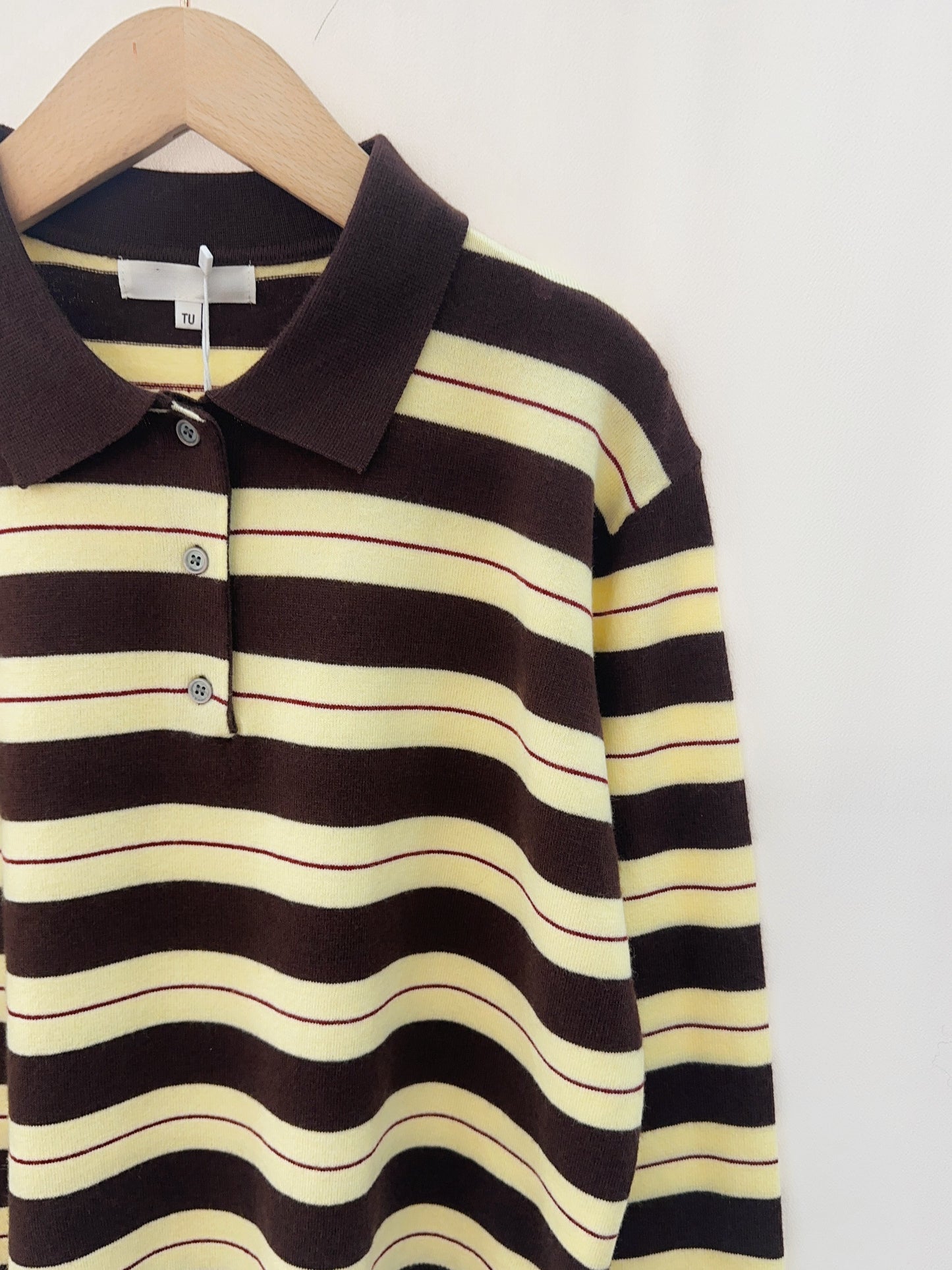 Beth chocolate brown & yellow striped knit polo top
