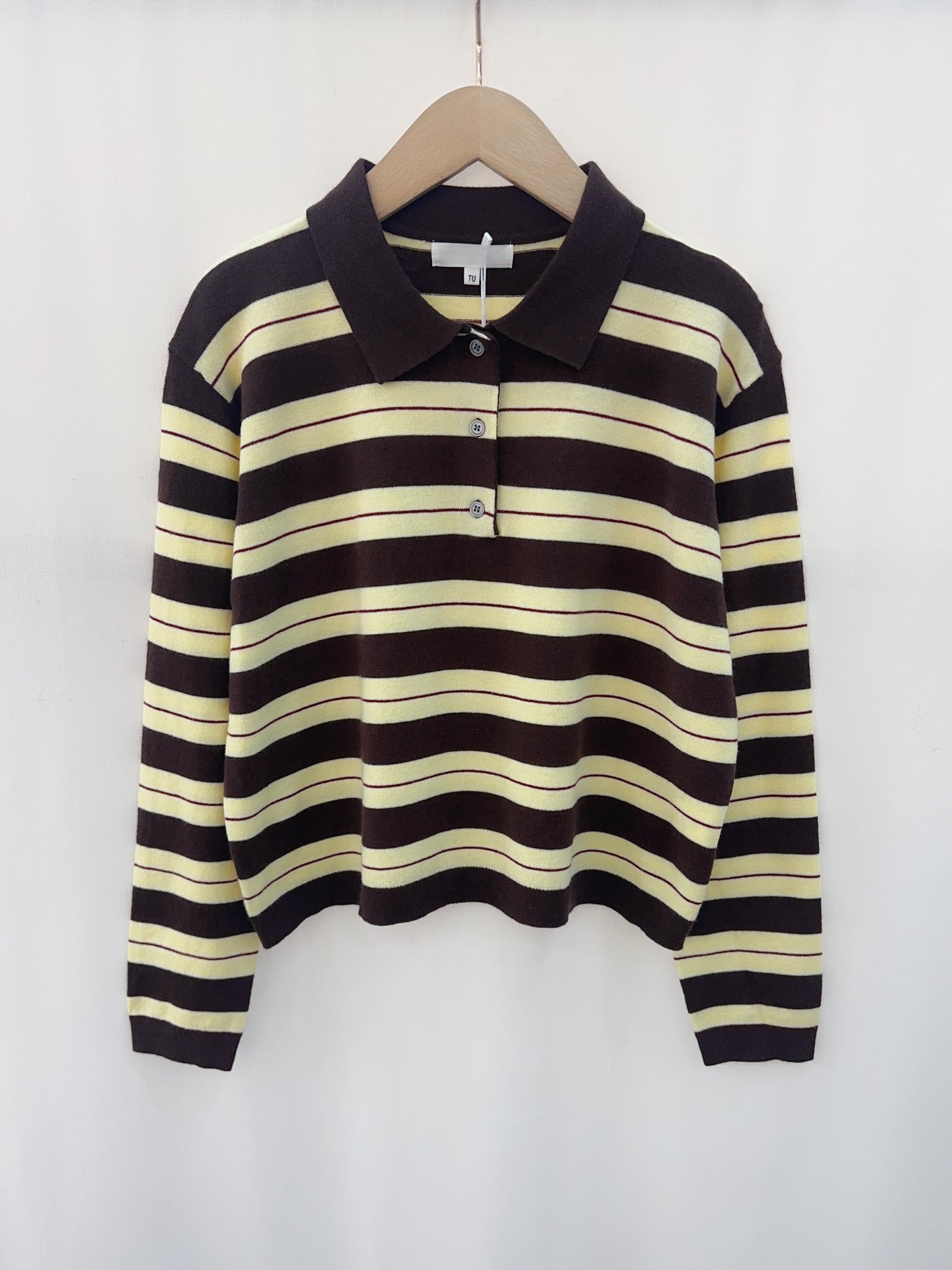 Beth chocolate brown & yellow striped knit polo top