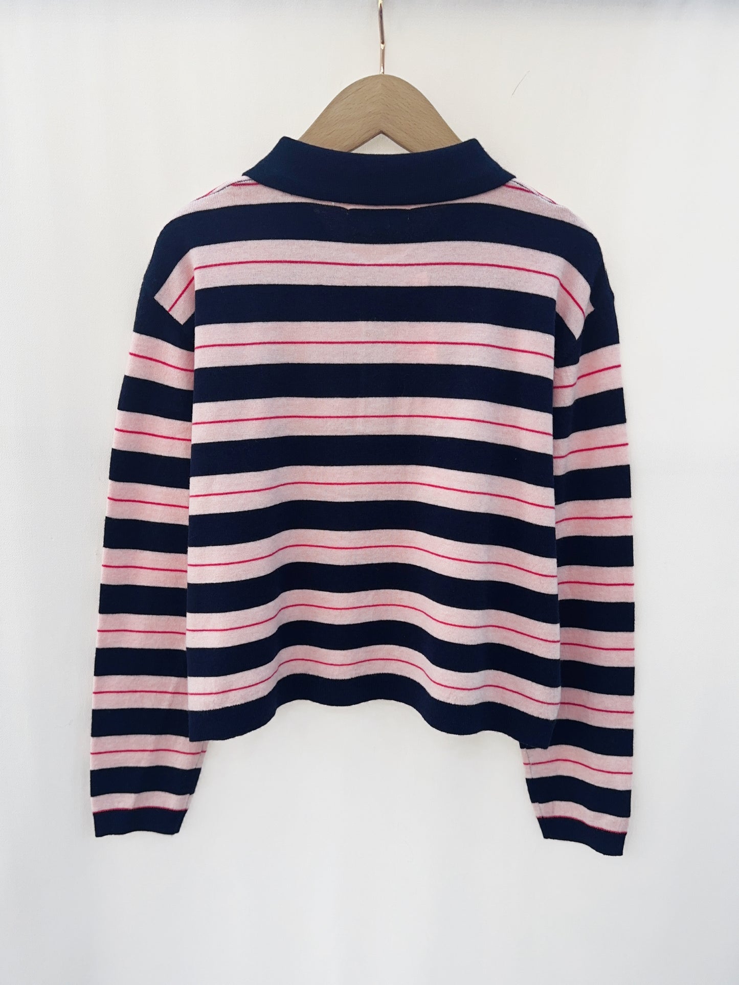 Beth navy & pink striped knit polo top