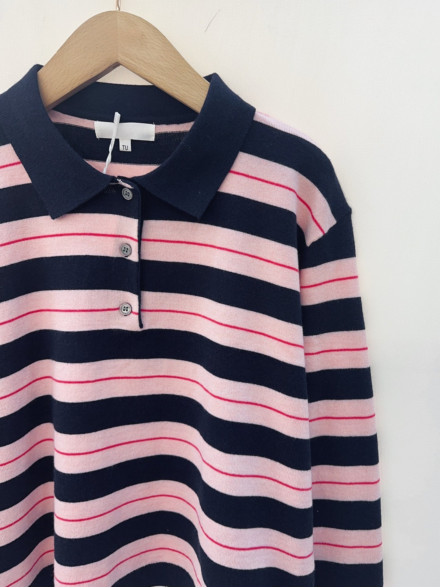 Beth navy & pink striped knit polo top