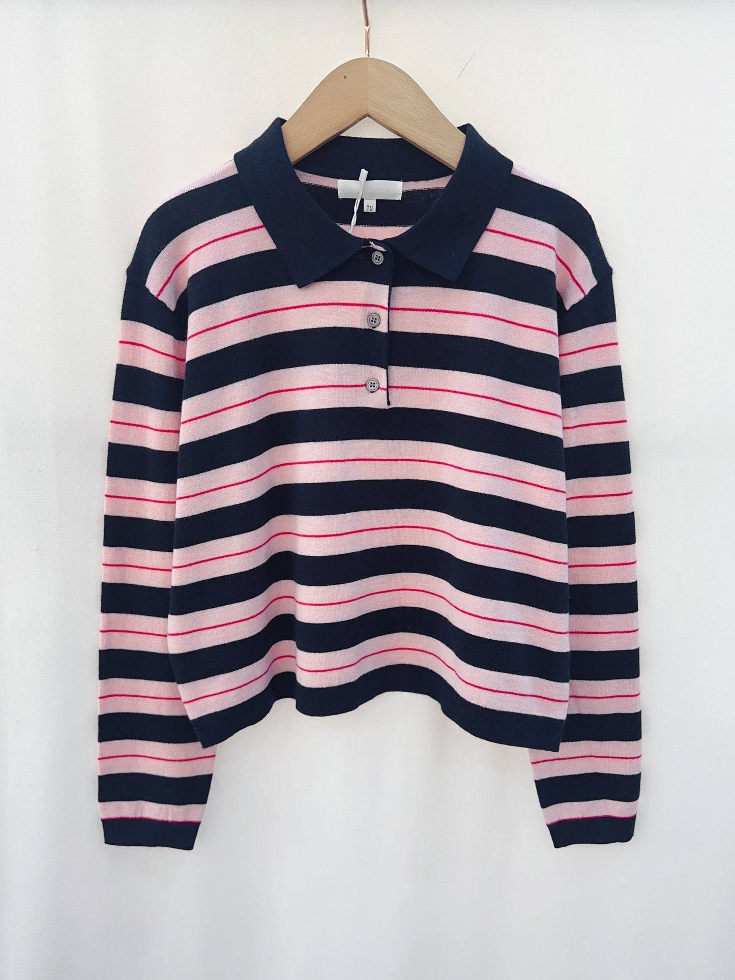 Beth navy & pink striped knit polo top
