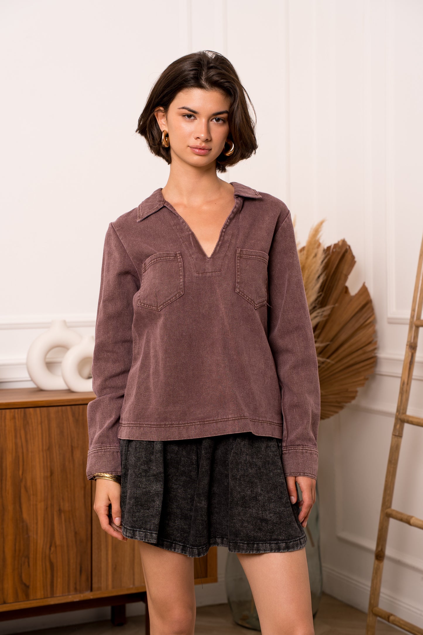 Avery chocolate brown denim shirt blouse