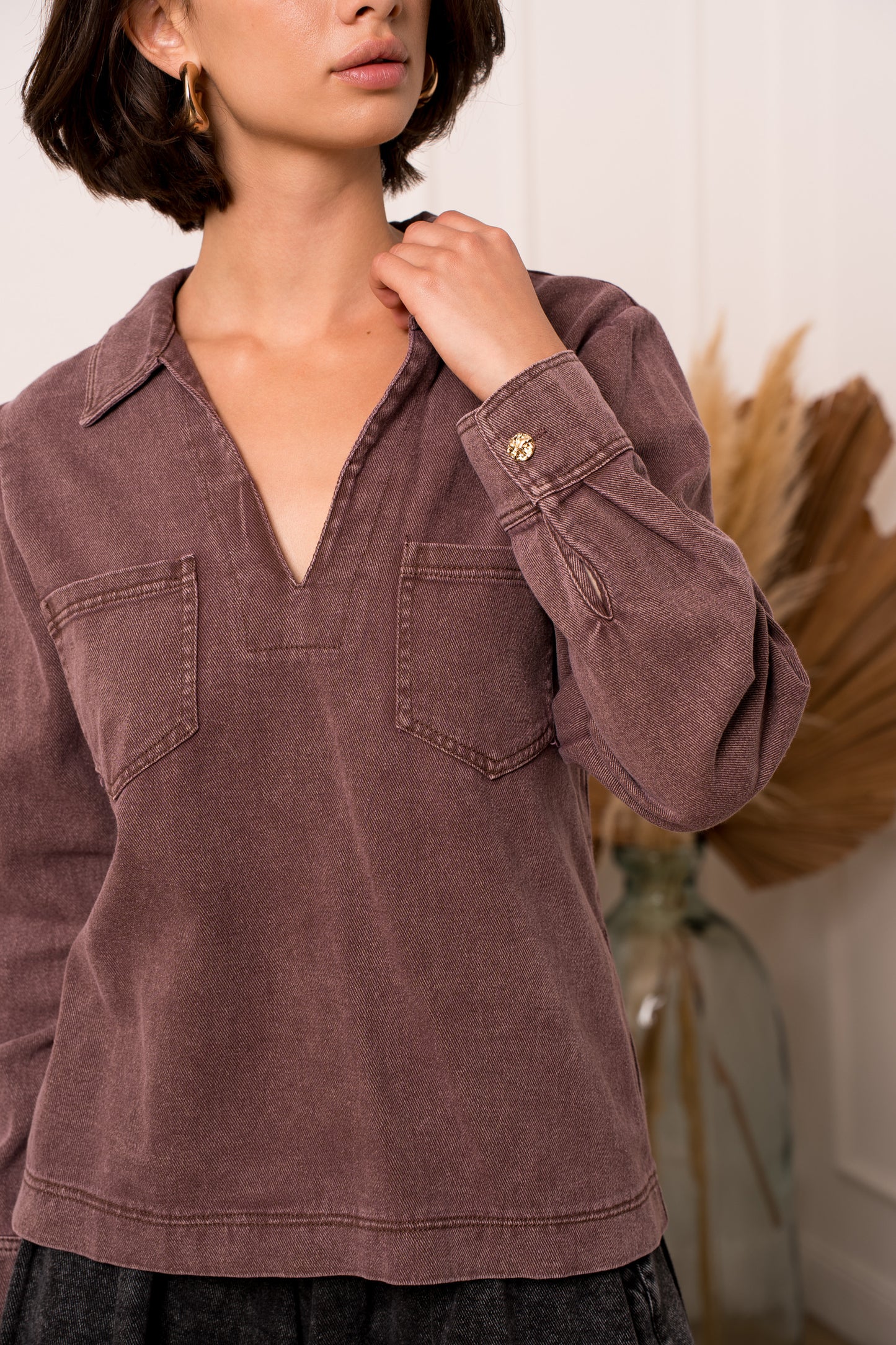 Avery chocolate brown denim shirt blouse