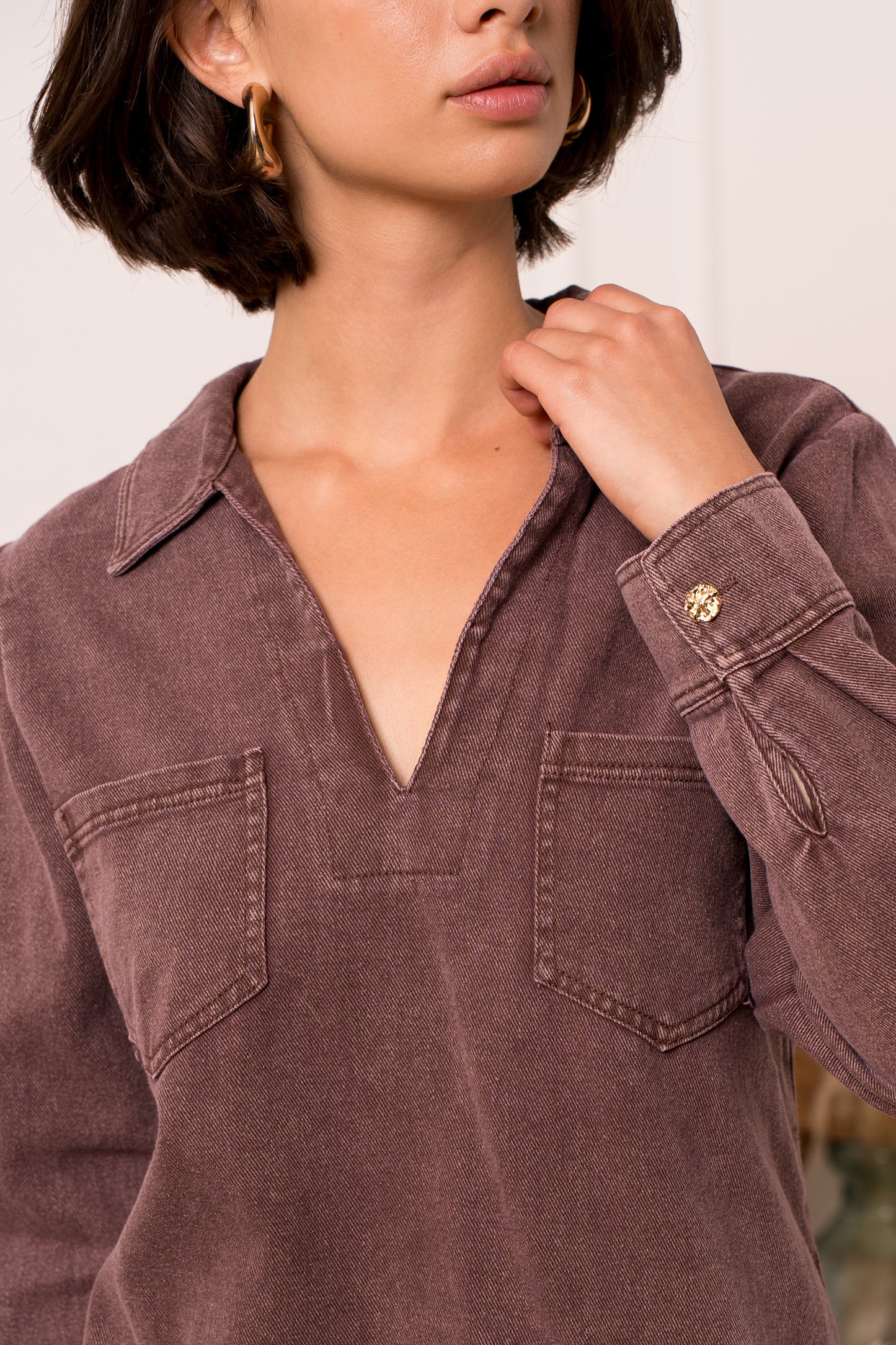 Avery chocolate brown denim shirt blouse