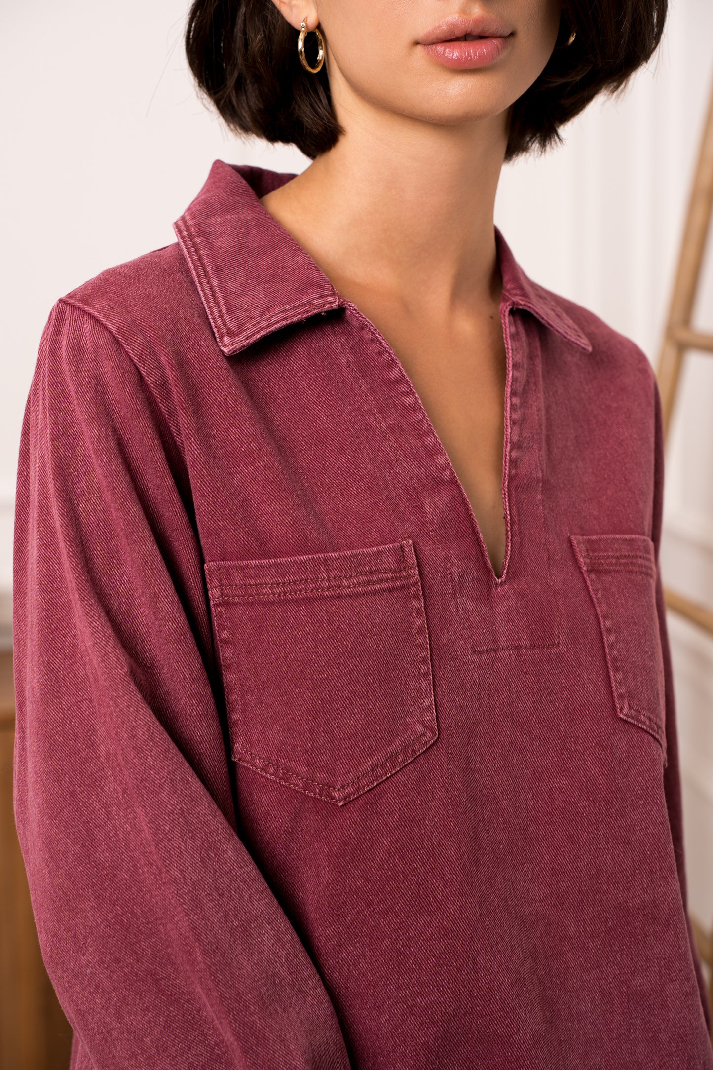 Avery burgundy denim shirt blouse