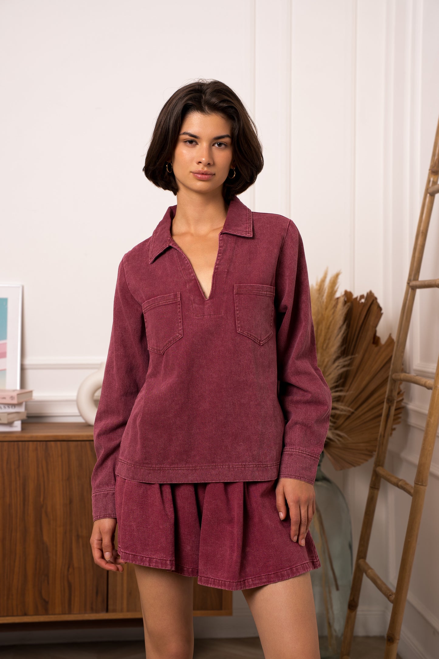 Avery burgundy denim shirt blouse