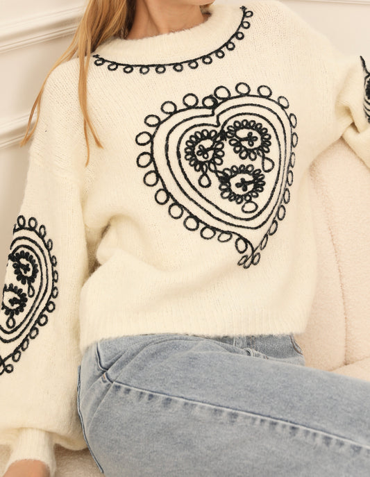 Suzy ecru balloon sleeve heart jumper