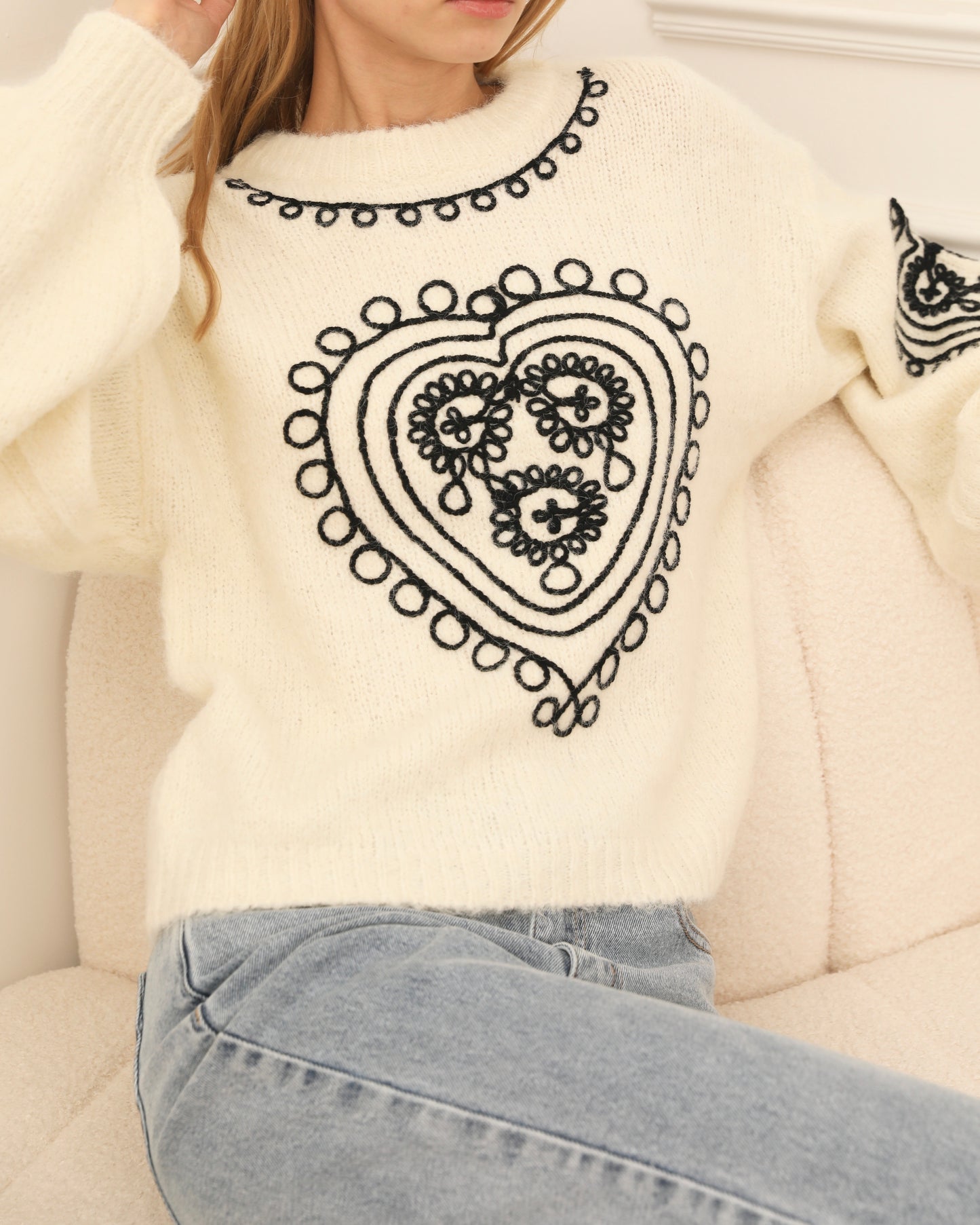 Suzy ecru balloon sleeve heart jumper