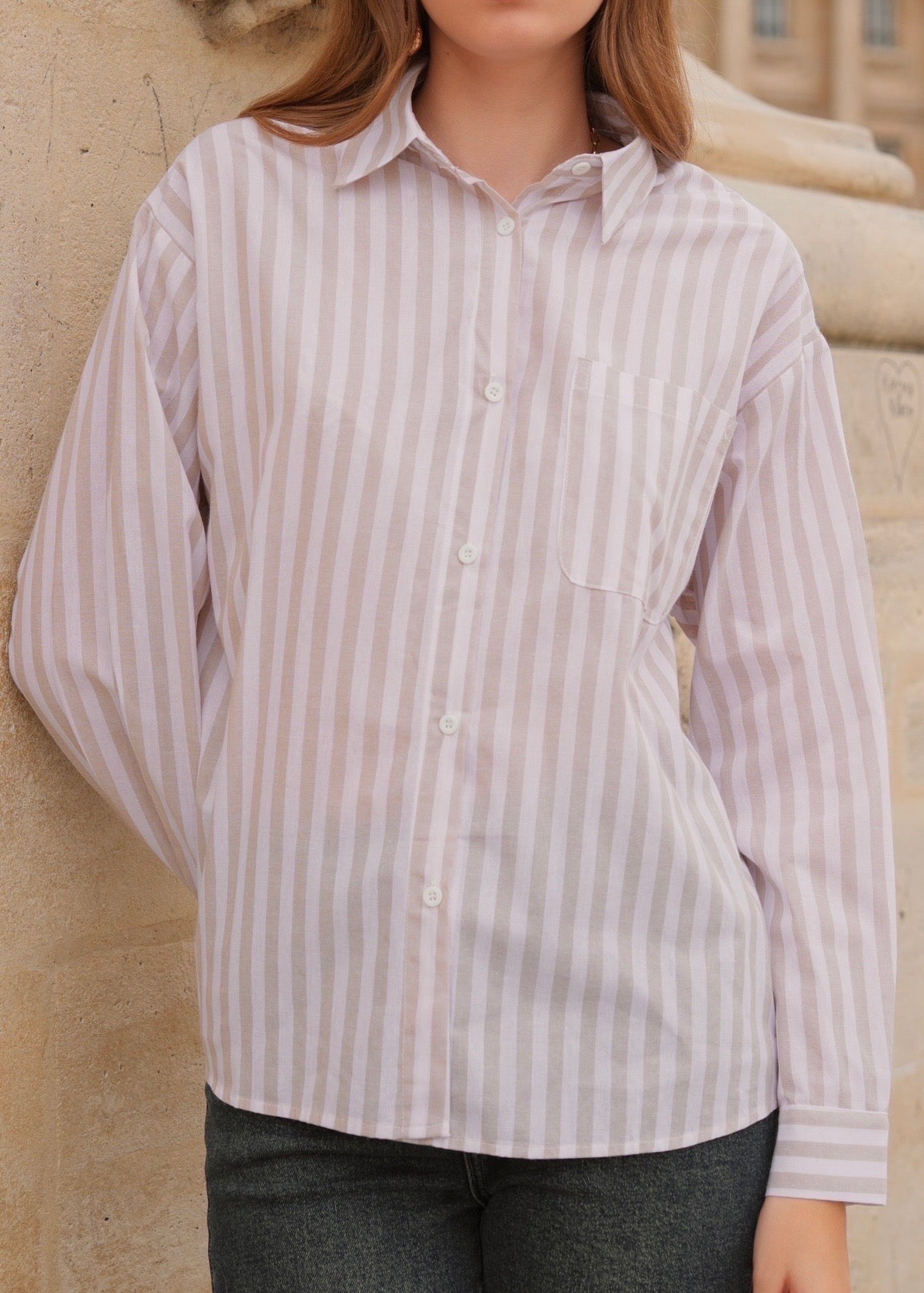 Audrey striped beige beaded sun shirt