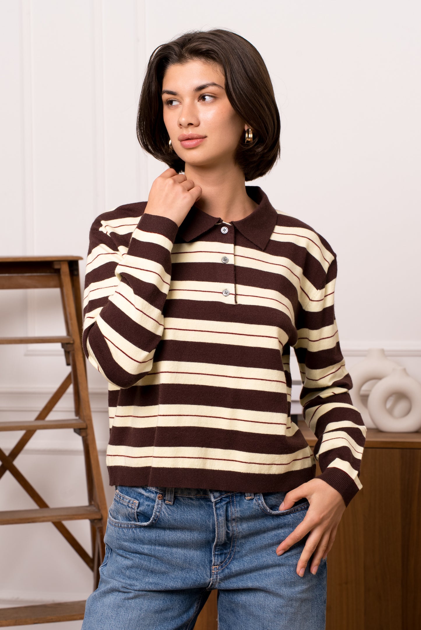 Beth chocolate brown & yellow striped knit polo top