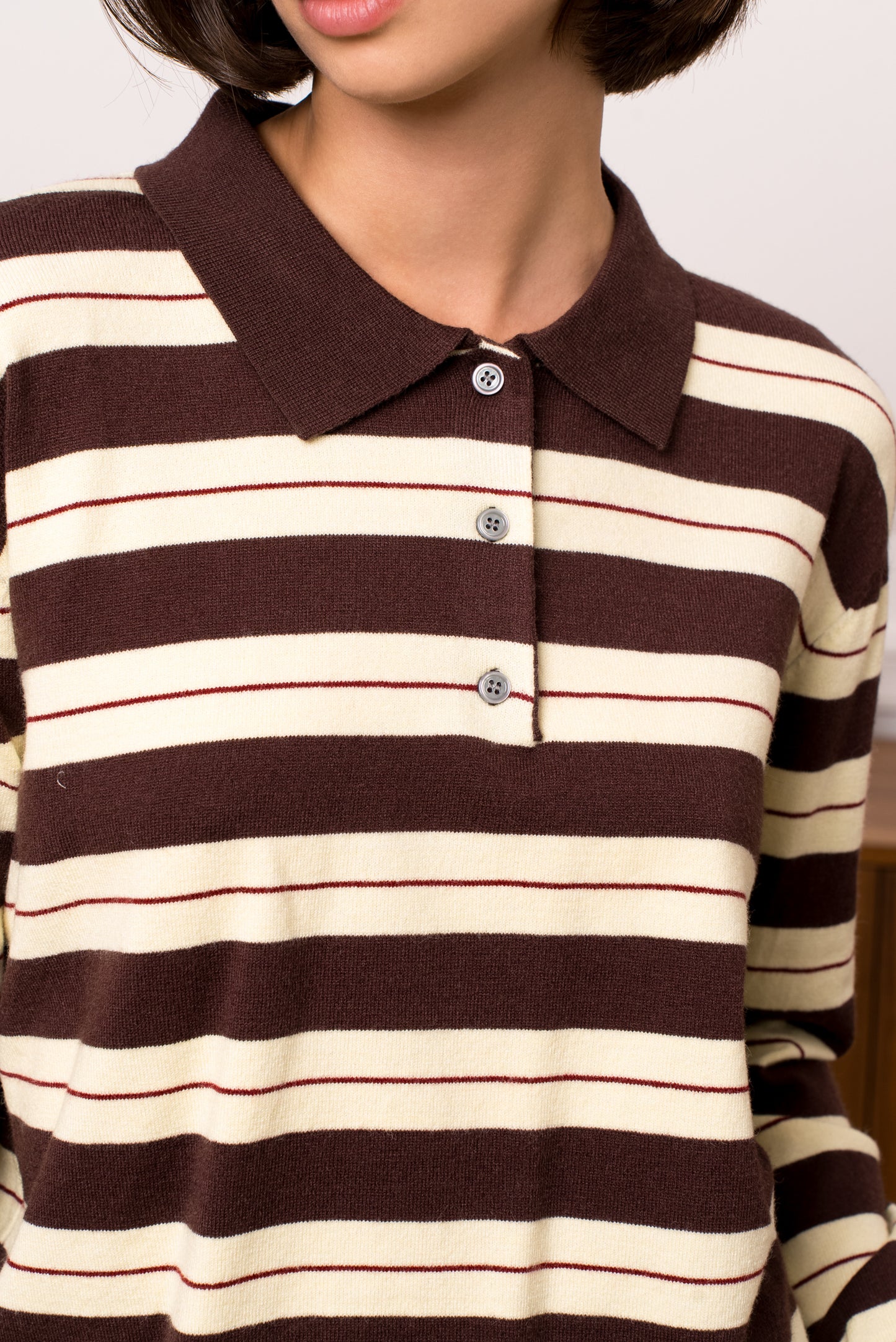Beth chocolate brown & yellow striped knit polo top