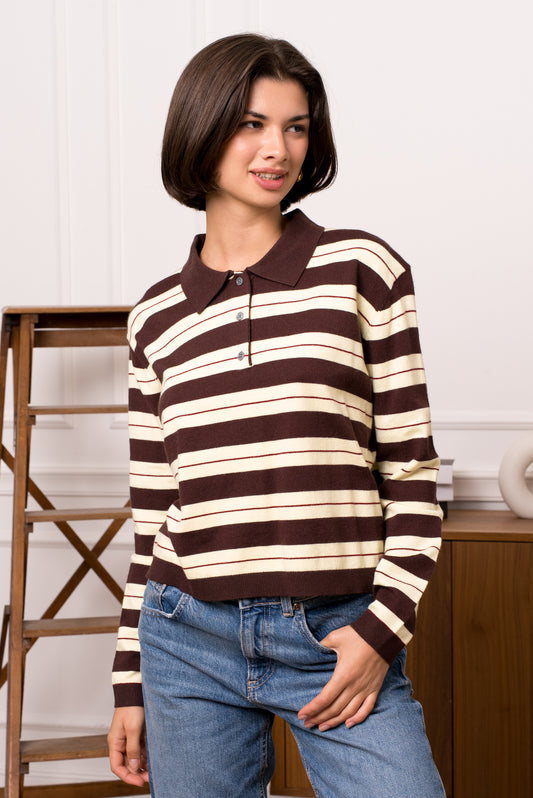 Beth chocolate brown & yellow striped knit polo top