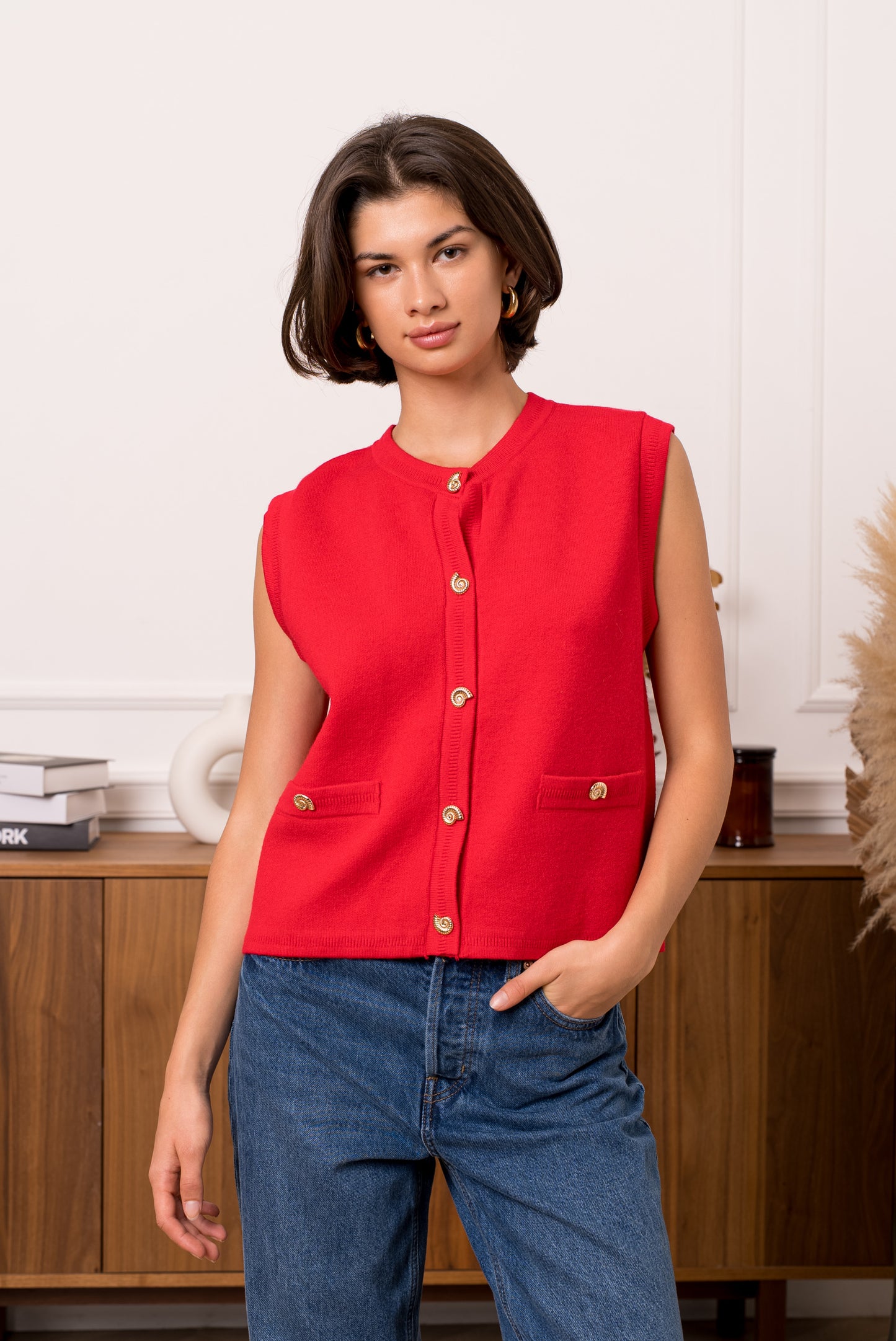 Shells gold button red knit waistcoat