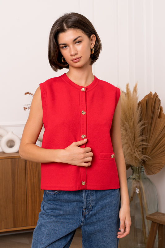 Shells gold button red knit waistcoat