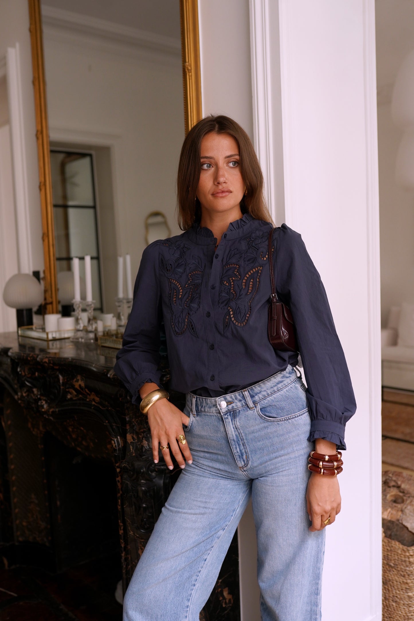 Edith navy embroidery lace cut work blouse