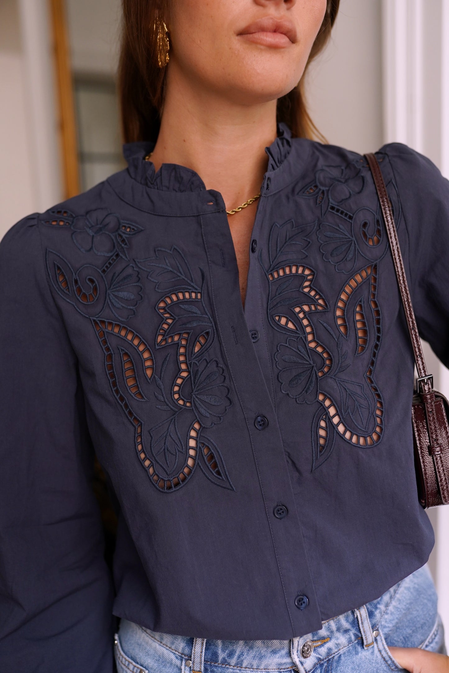 Edith navy embroidery lace cut work blouse