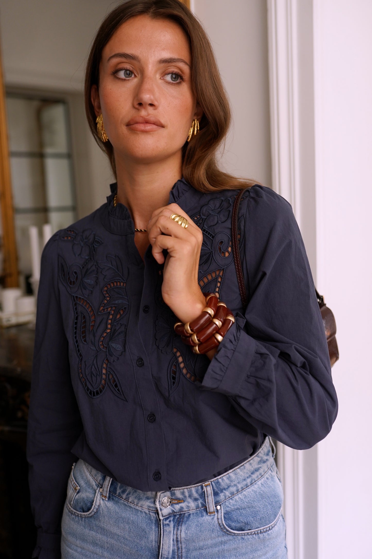 Edith navy embroidery lace cut work blouse
