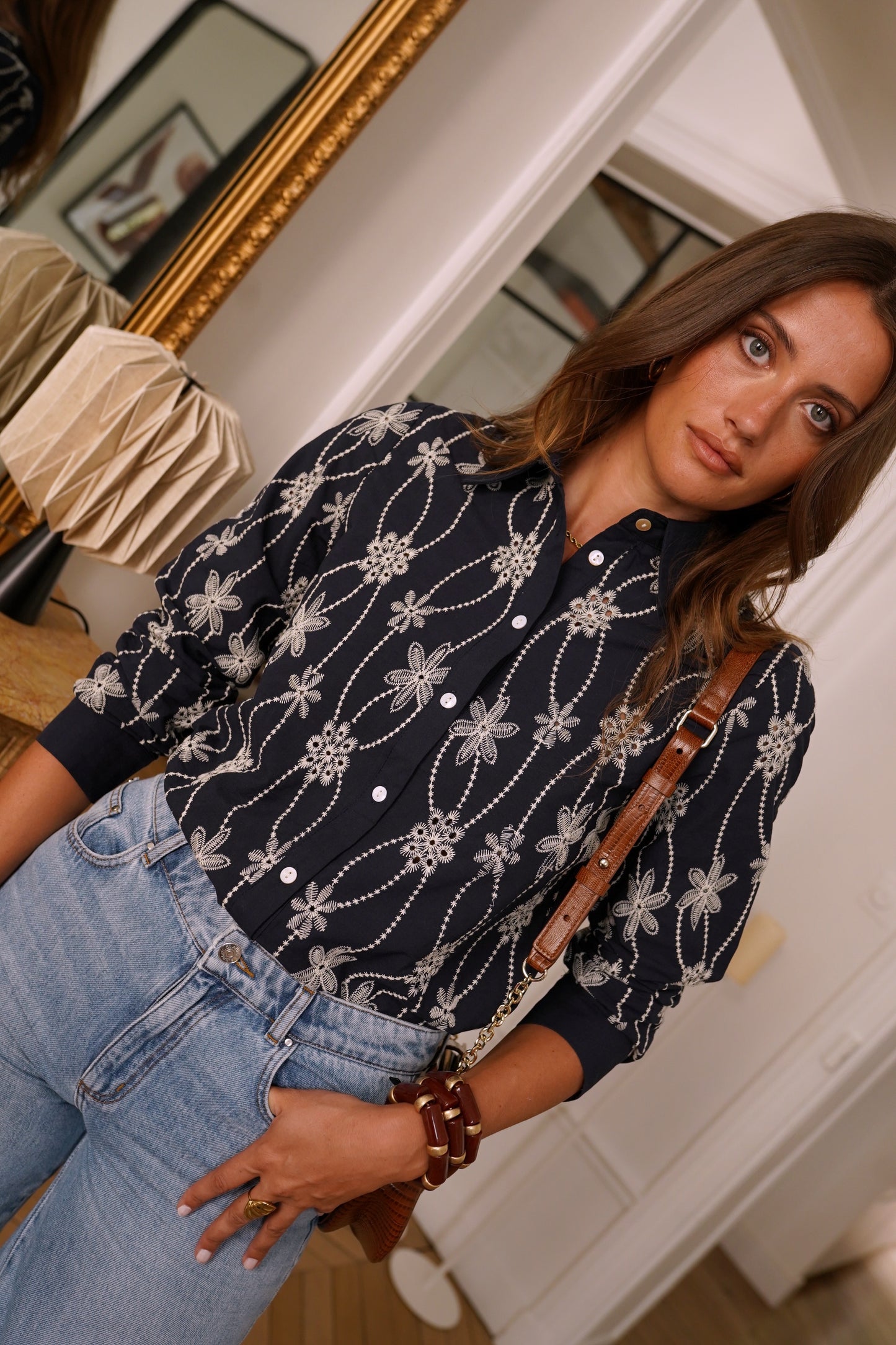 Tamara navy and white floral embroidered blouse