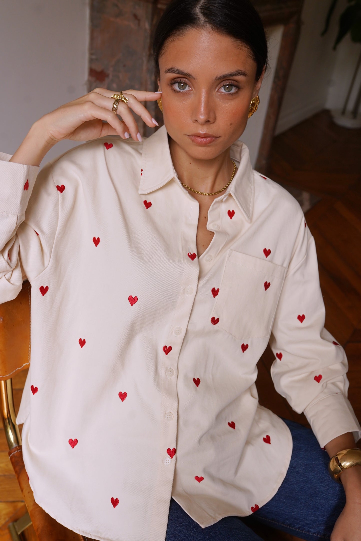 Bella heart print beige cotton shirt
