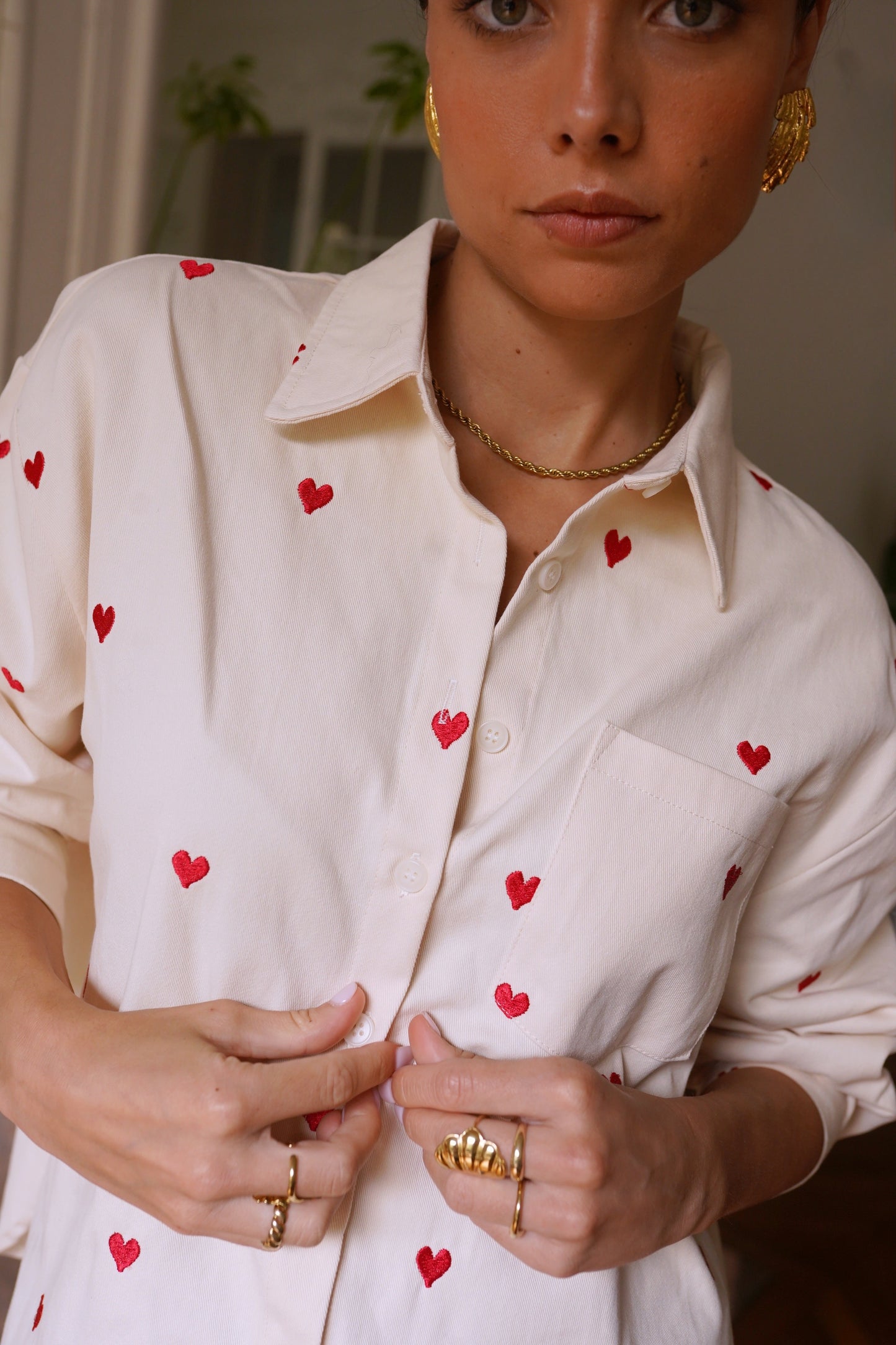 Bella heart print beige cotton shirt