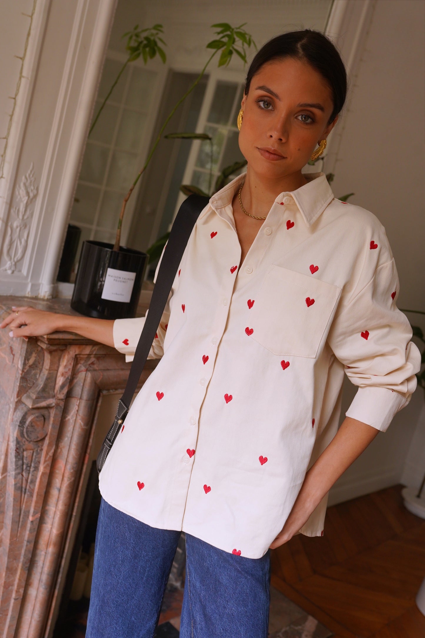 Bella heart print beige cotton shirt