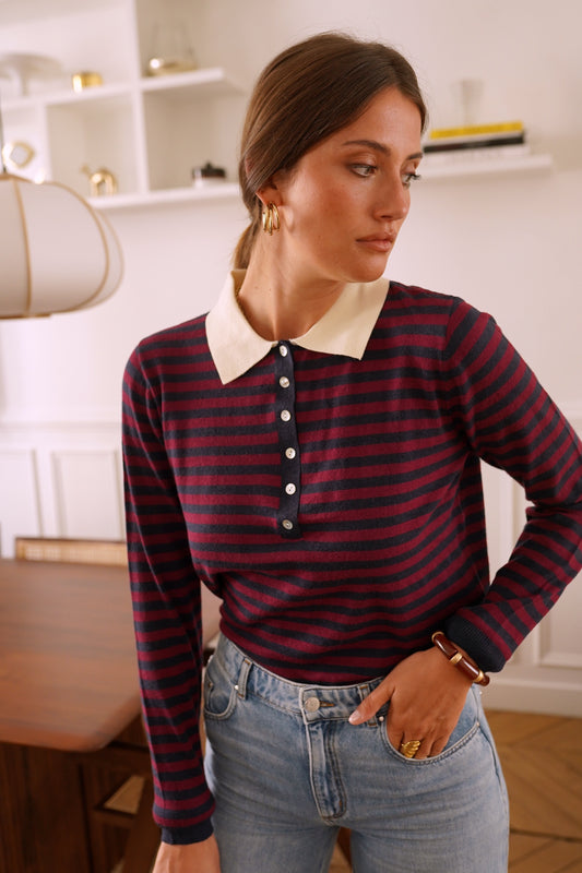 Erin navy & burgundy polo knit jumper