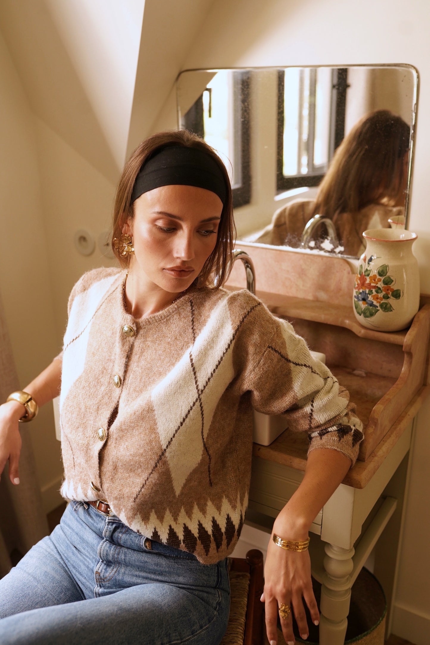 Phil check print gold button cardigan