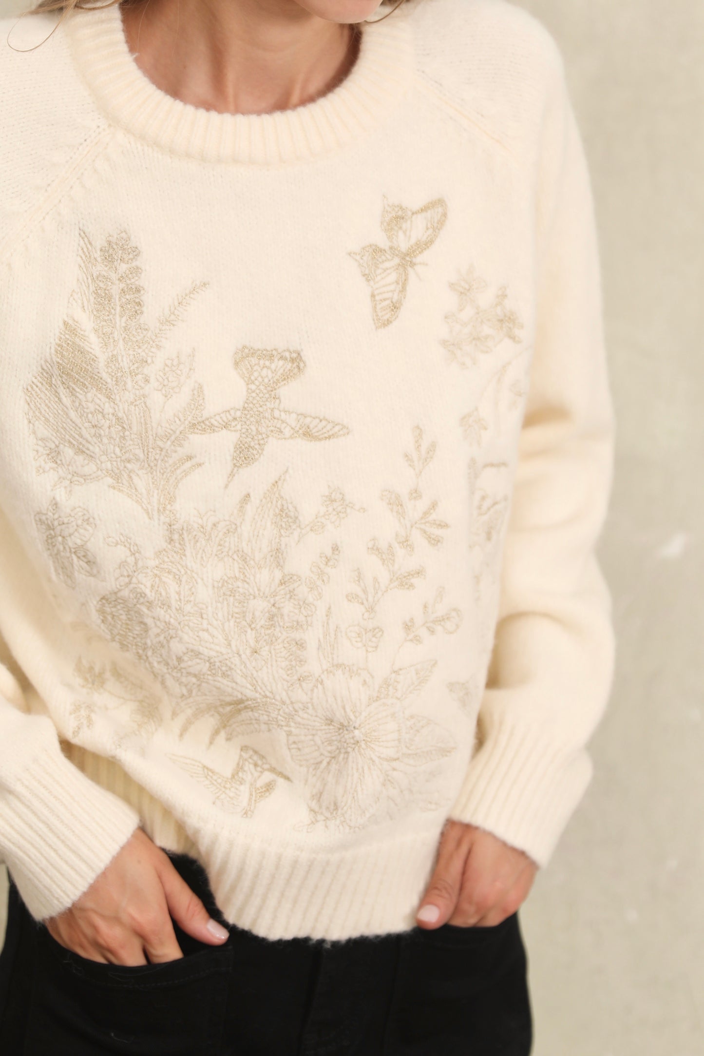 Elaine hummingbird gold stitched ivory jumper
