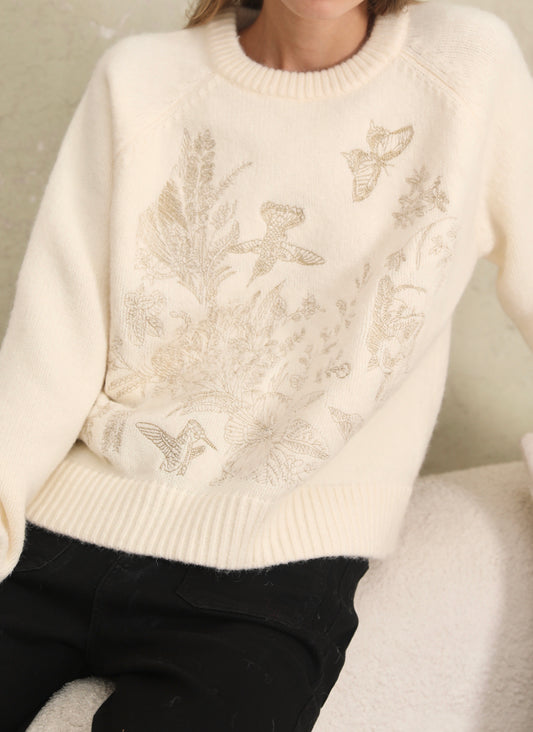 Elaine hummingbird gold stitched ivory jumper