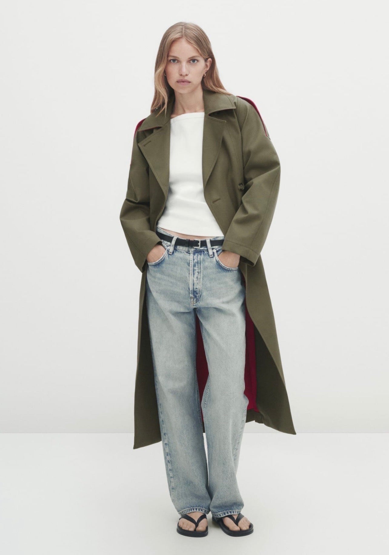 Zoe khaki green & fuchsia pink trench coat