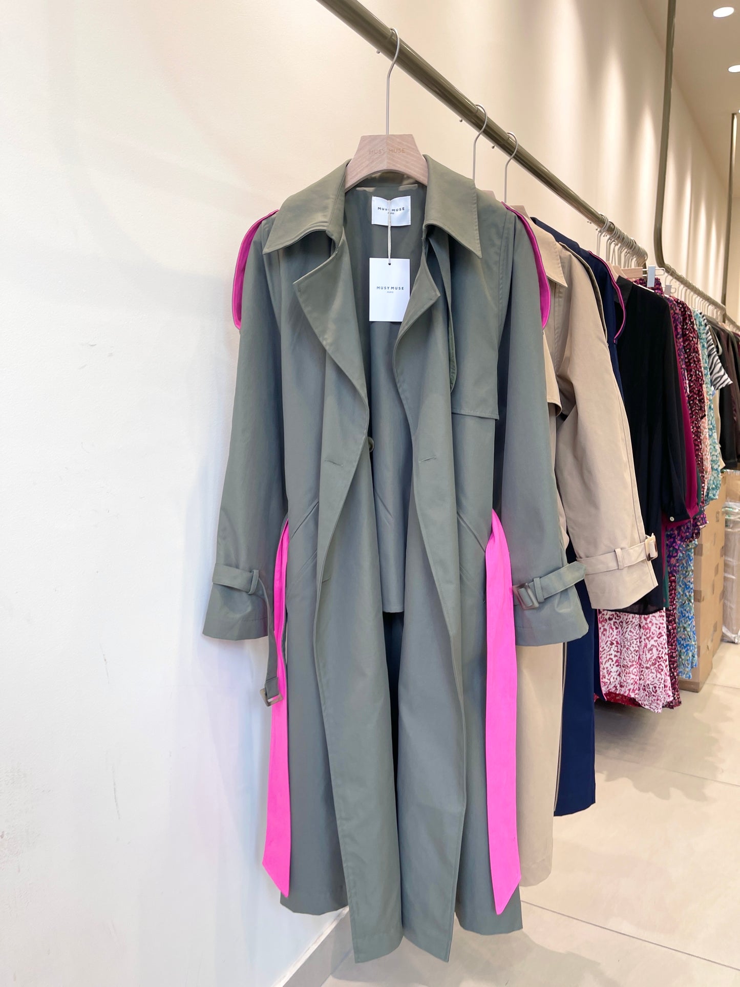 Zoe khaki green & fuchsia pink trench coat