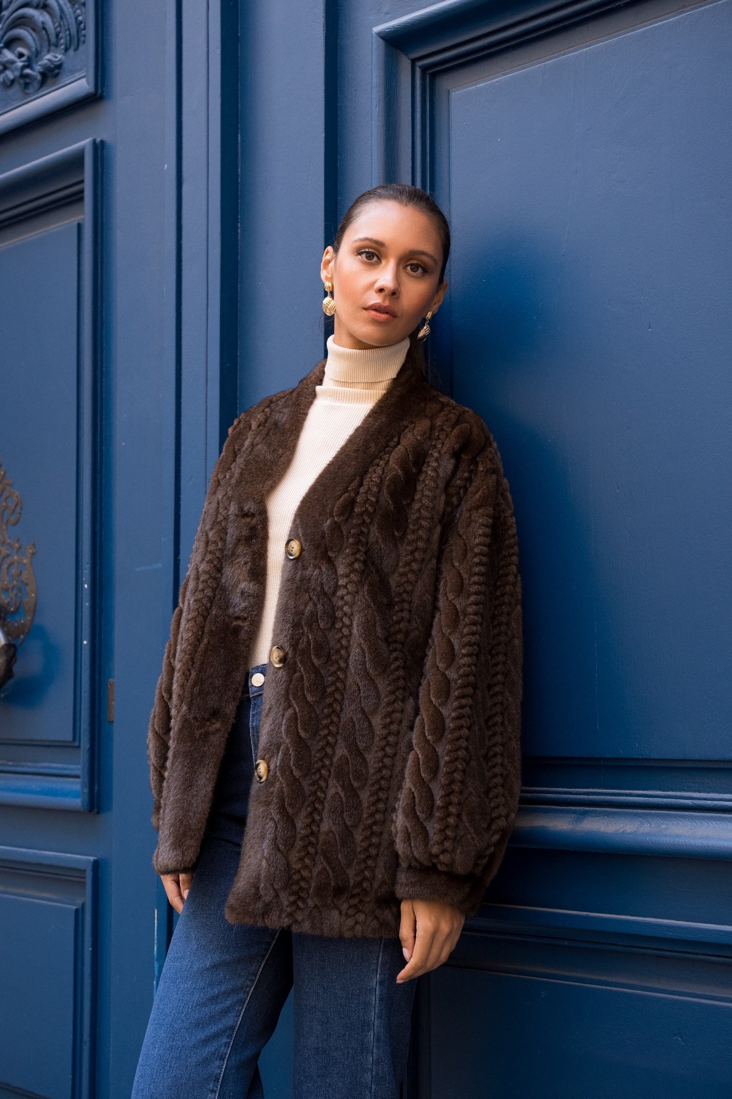 Adeline brown thick faux fur cable jacket