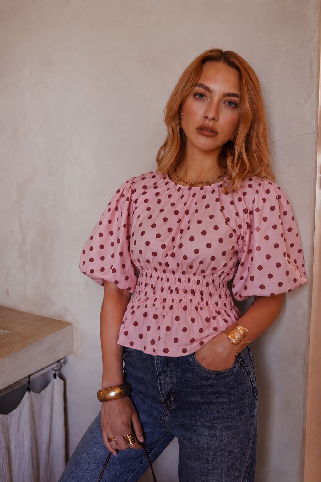 Maria pink polka dot puff sleeve top