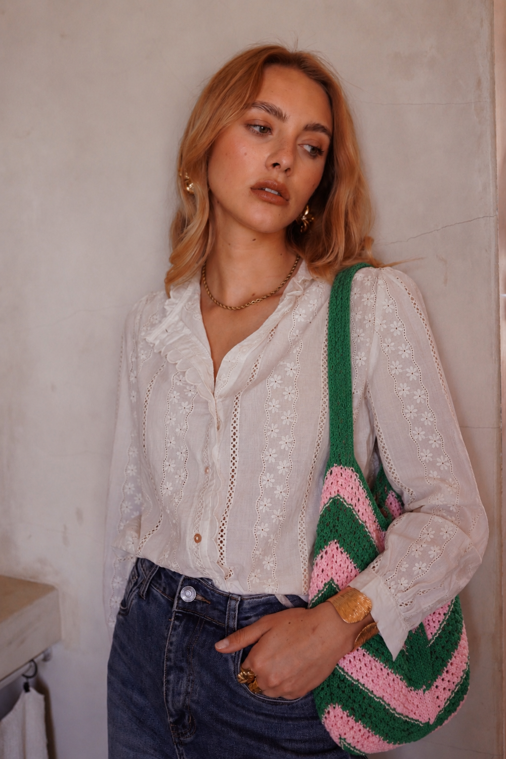 Pink & green knitted bag