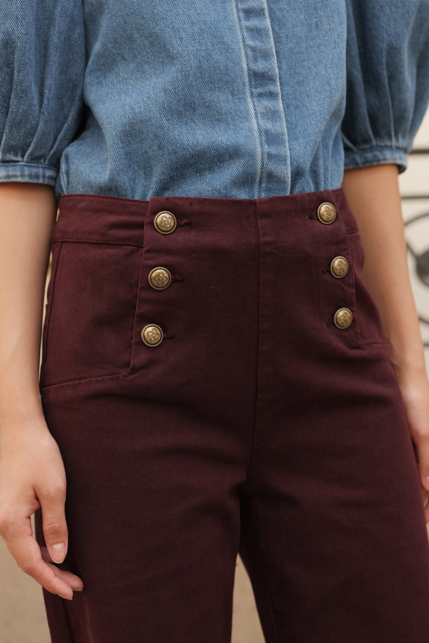 Victo Wide leg burgundy jeans with gold front buttons