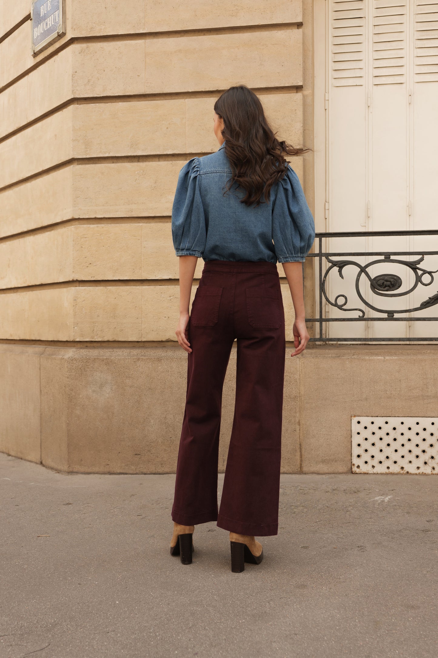 Victo Wide leg burgundy jeans with gold front buttons
