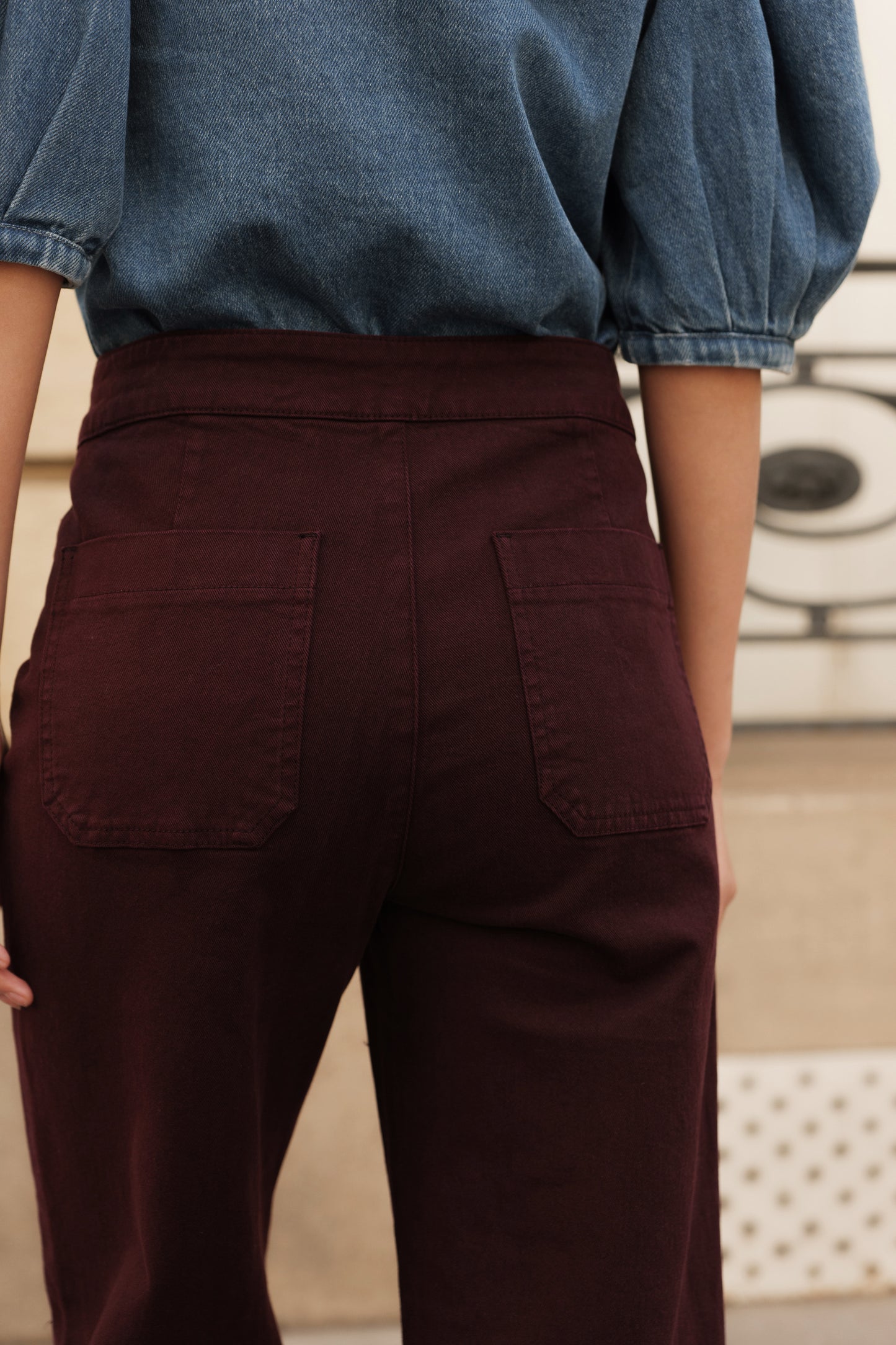 Victo Wide leg burgundy jeans with gold front buttons