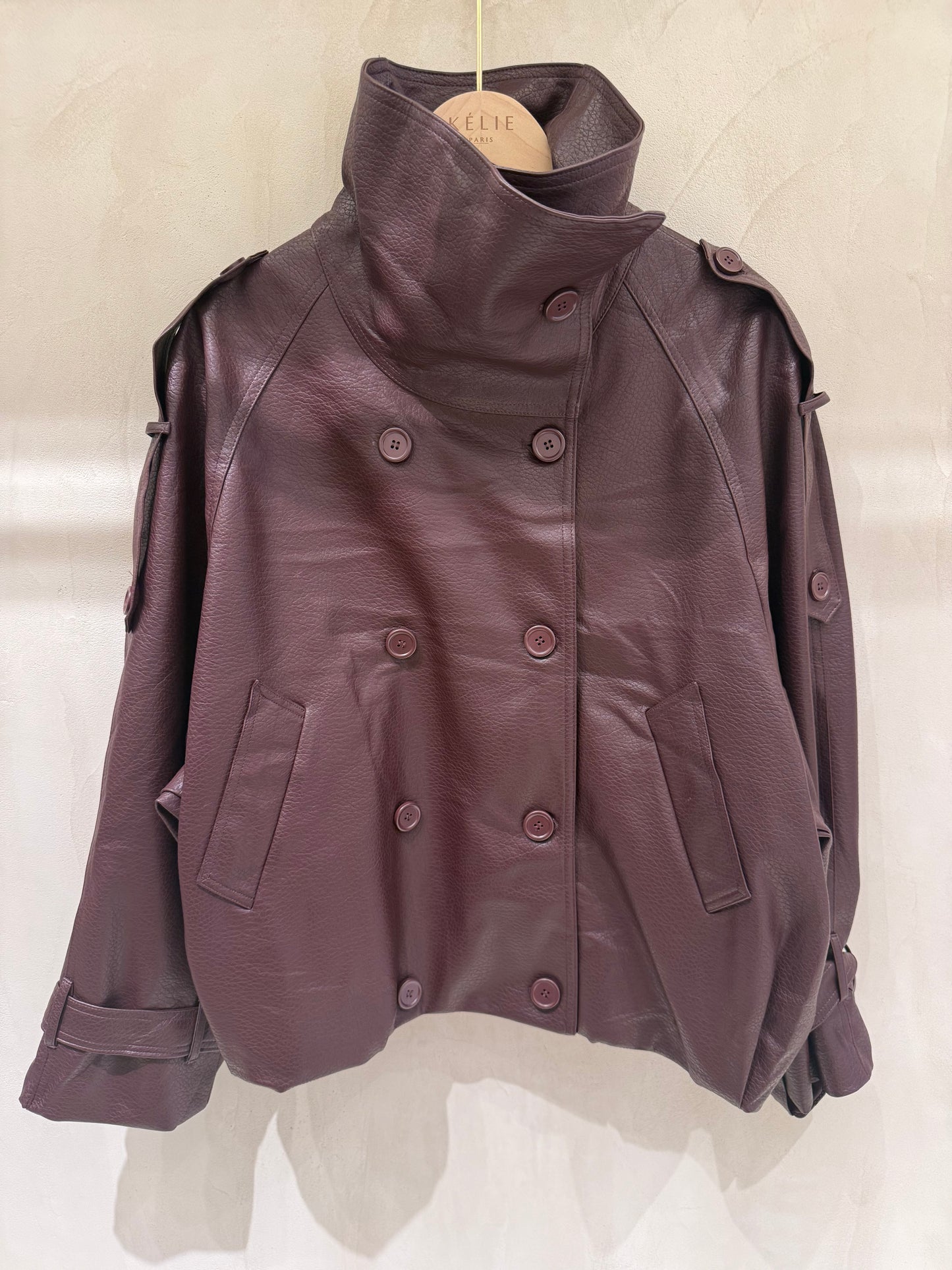Margot burgundy leather funnel neck jacket