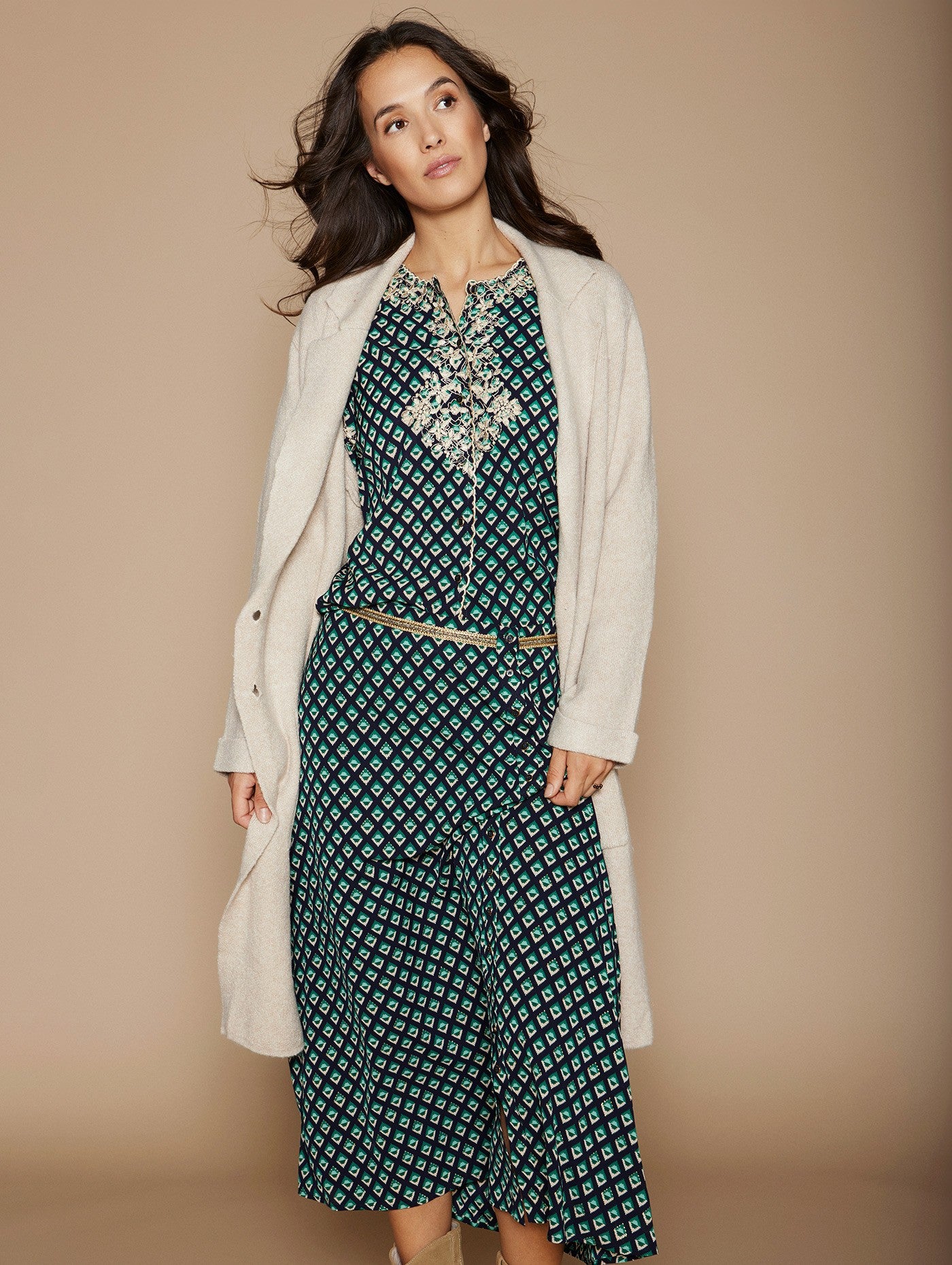 Long oatmeal cardigan with gold buttons