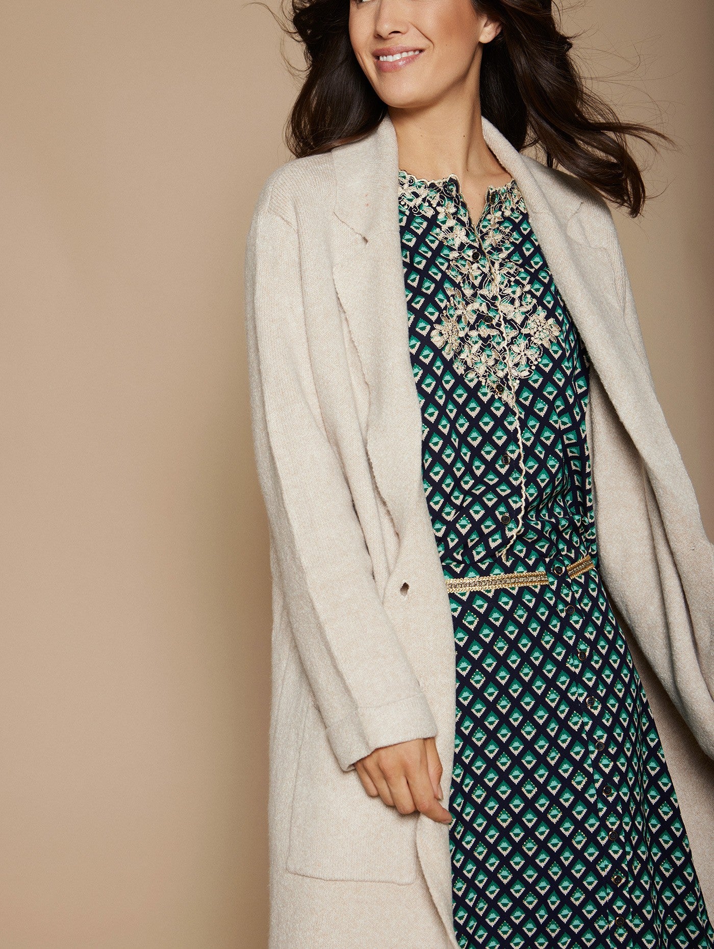 Long oatmeal cardigan with gold buttons