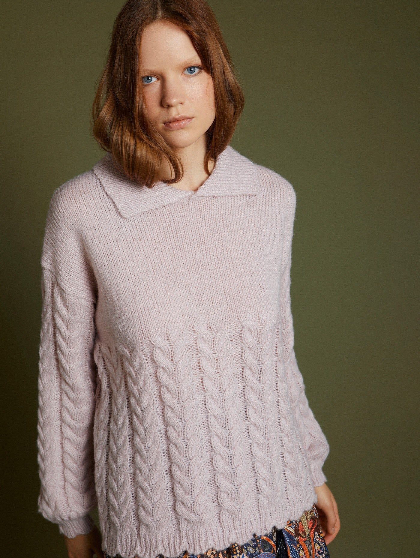Lilac cable knit jumper with collar