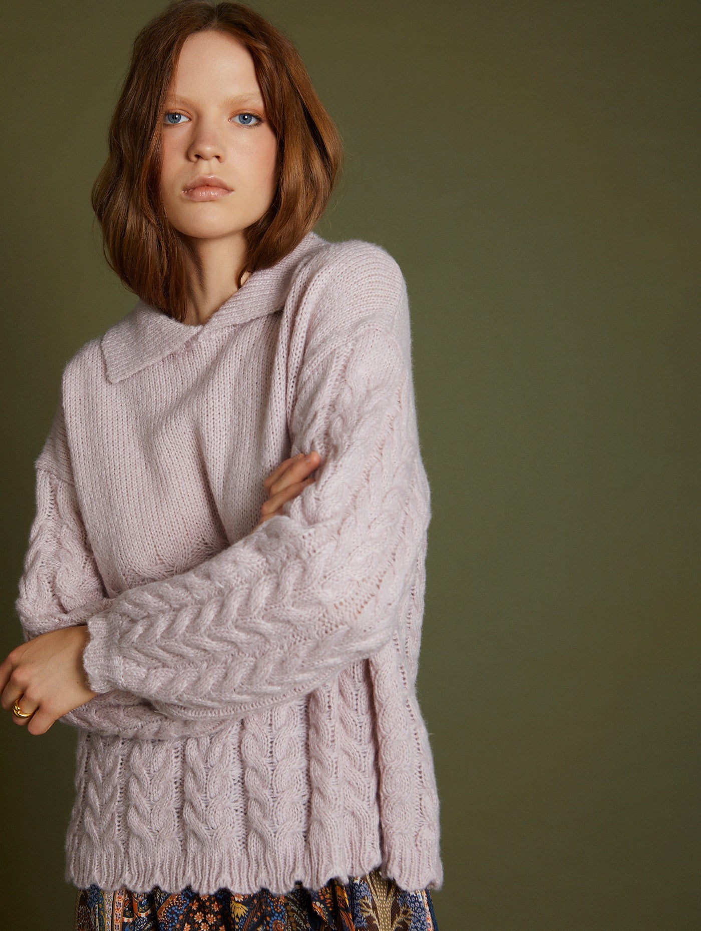 Lilac cable knit jumper with collar