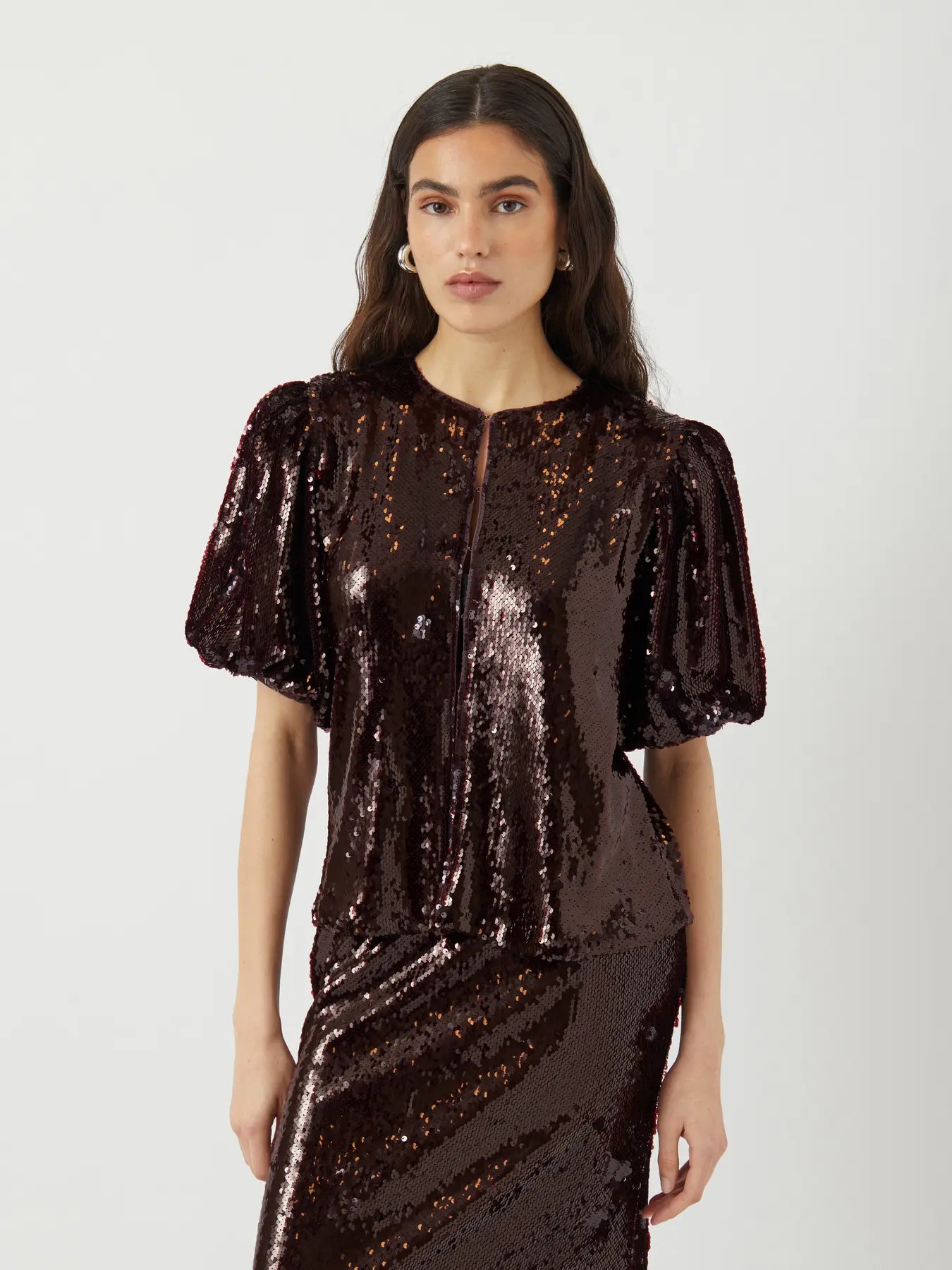 YASROYALINA BURGUNDY WET LOOK SEQUIN TOP