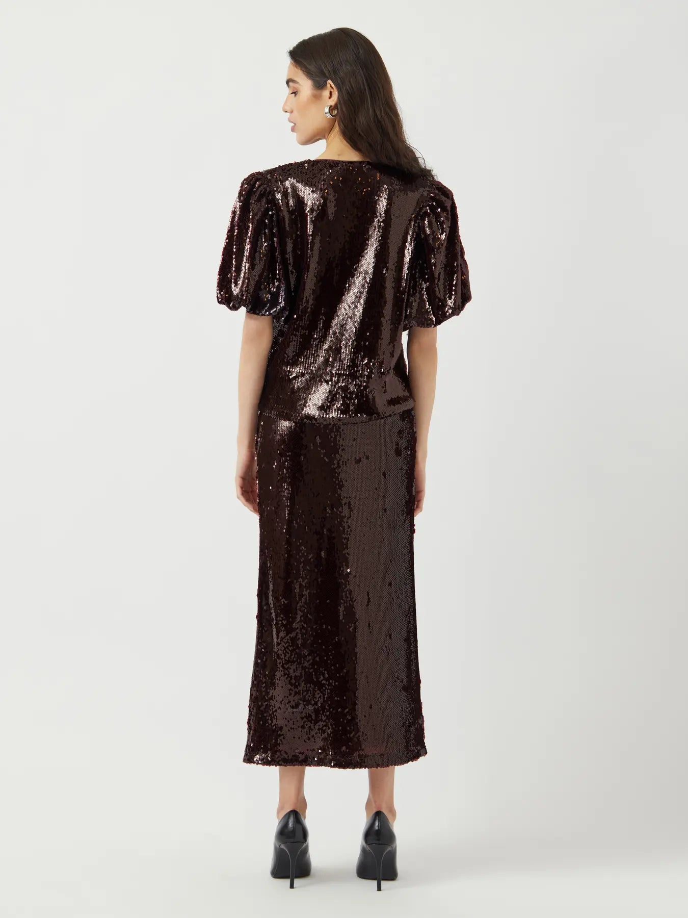 YASROYALINA BURGUNDY WET LOOK SEQUIN TOP
